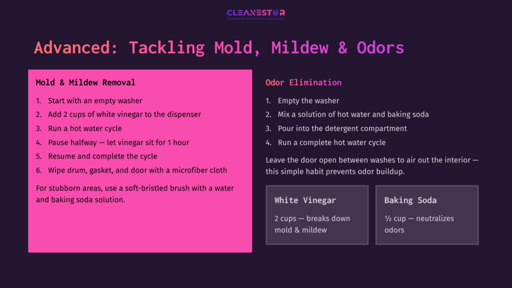 Instructions On Tackling Mold And Odors In A Frigidaire Washer, Featuring Pink Headings, Bullet Points, And Tips For Cleaning.
