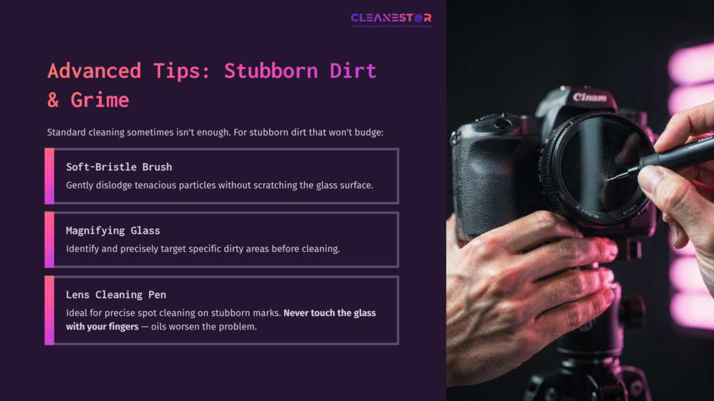 A Person Holding A Camera With A Lens While Cleaning It, Accompanied By Text Boxes Outlining Cleaning Tips, Set Against A Dark Gradient Background.