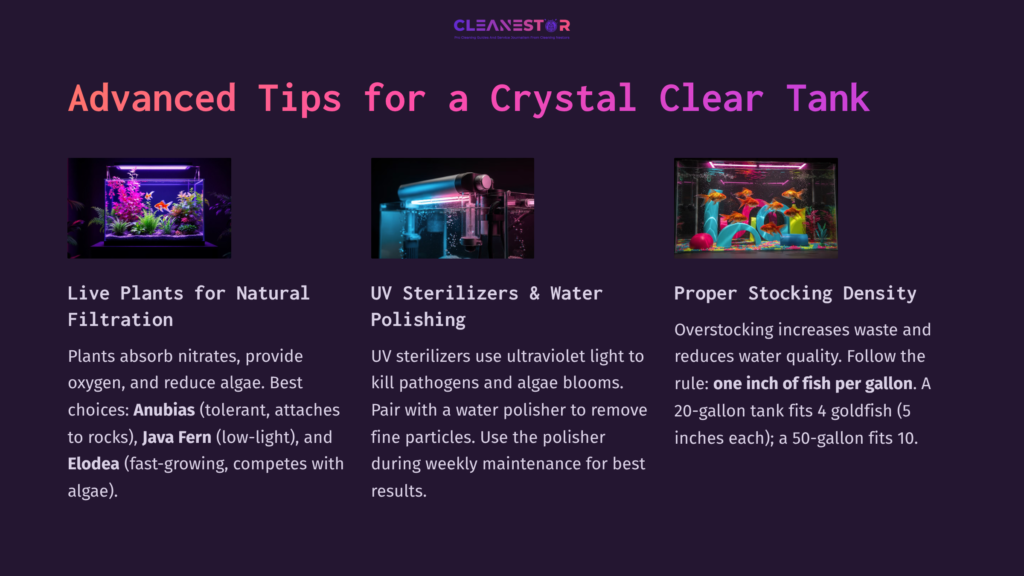 Graphic Featuring A Colorful Aquarium With Plants And Fish, Alongside Tips On Maintaining A Clean Goldfish Tank, Highlighted In Bold Text.