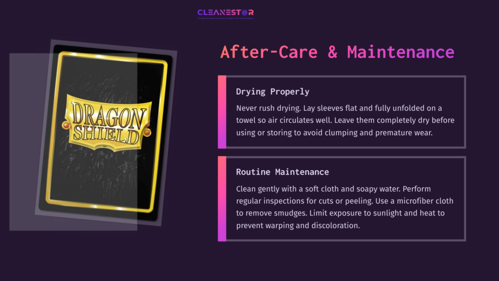 Black Dragon Shield Sleeve With Gold Lettering Displayed In Front Of A Purple Background, Featuring Text About After-Care And Maintenance.