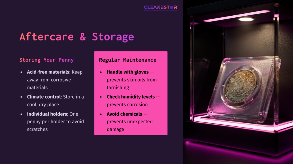 8 Aftercare And Storage Display Showcasing A 1901 Indian Head Penny In A Protective Case, With A Pink Background Highlighting Care Tips For Storage And Maintenance.