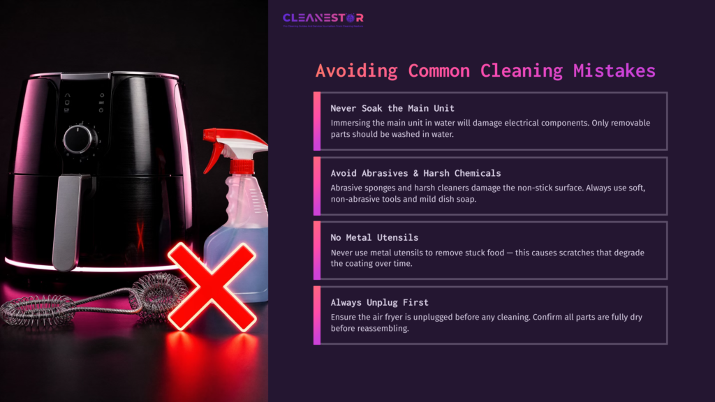 Air Fryer In Black With A Spray Bottle And Red Cross Over It, Beside Cleaning Tips Listed In White Text On A Purple Background.