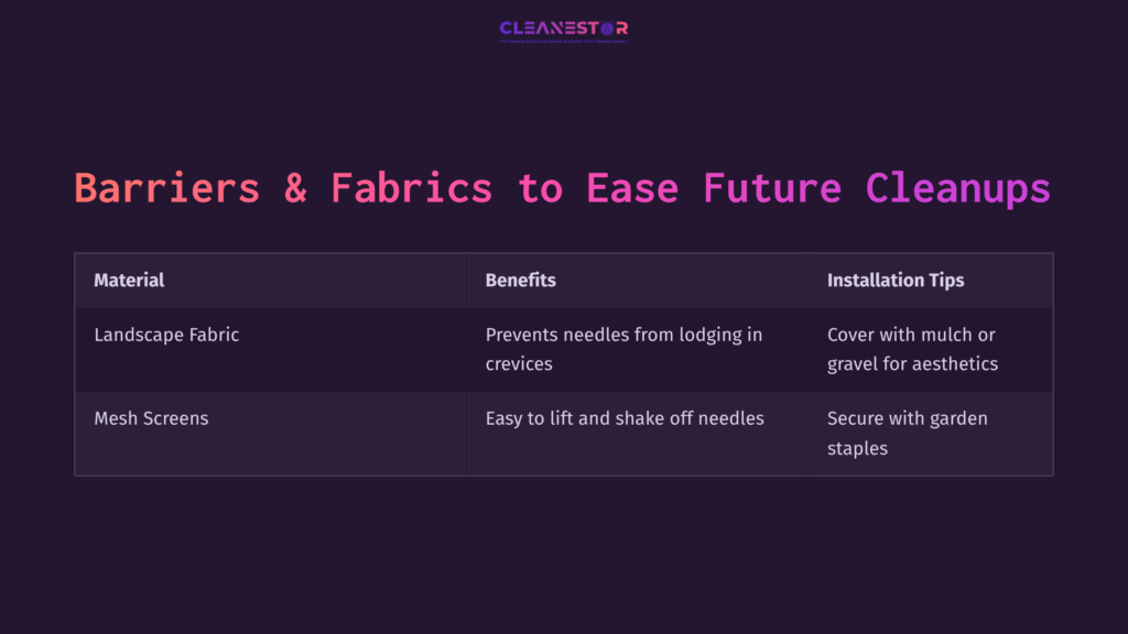 8 Barriers And Fabrics To Ease Future Cleanups Table Displaying Materials For Cleanup, Featuring Landscape Fabric And Mesh Screens, With Benefits And Installation Tips Outlined.