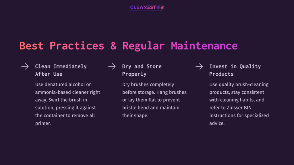 Text On A Dark Purple Background Outlines Best Practices For Cleaning And Maintaining Paintbrushes, Including Cleaning Methods And Storage Tips.