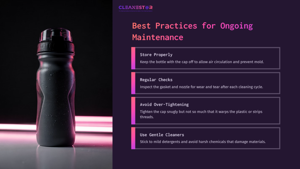 Black Gatorade Squeeze Bottle With A Pink Cap, Set Against A Dark Background With Purple And Pink Highlights, Featuring Maintenance Tips.