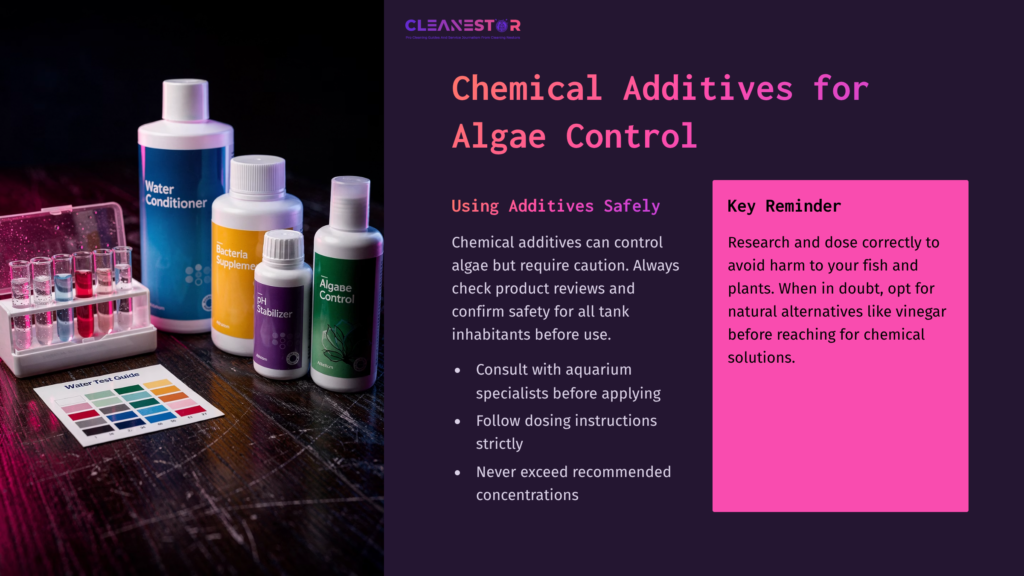 8 Chemical Additives For Algae Control Bottles Of Chemical Additives For Aquarium Care On A Dark Surface, Alongside A Color Test Kit, With A Pink Info Box On Safety Reminders.