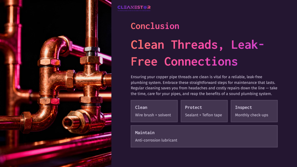 Copper Pipe Threads With Shiny Metallic Fittings And Vibrant Lighting. Text Highlights Maintenance Tips For Leak-Free Connections.