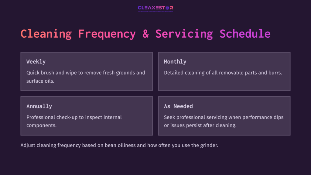 8 Cleaning Frequency And Servicing Schedule Graphic Outlining A Cleaning Schedule For A Bodum Coffee Grinder, Featuring Sections For Weekly, Monthly, Annual, And As-Needed Servicing. Background Is Dark Purple With White And Orange Text Boxes.