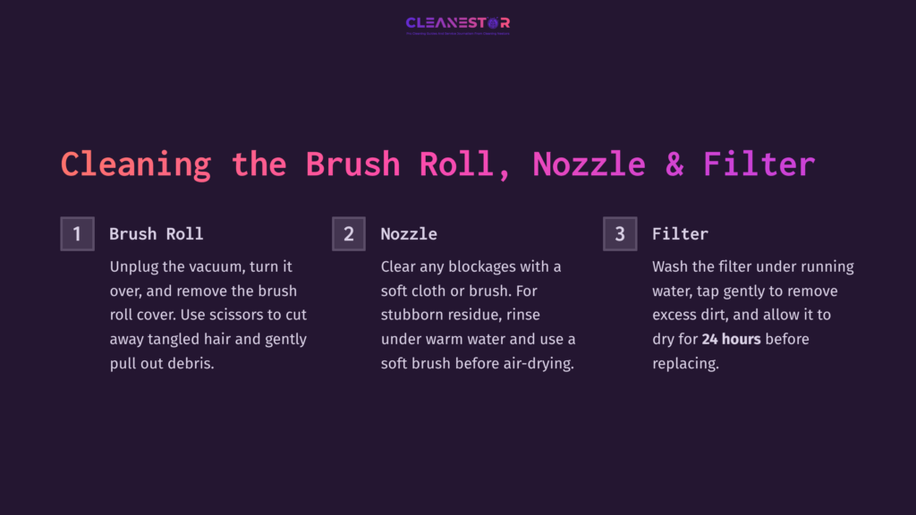 Instructions On Cleaning A Vacuum'S Brush Roll, Nozzle, And Filter, With Numbered Steps And A Dark Purple Background. Text In White And Pink.