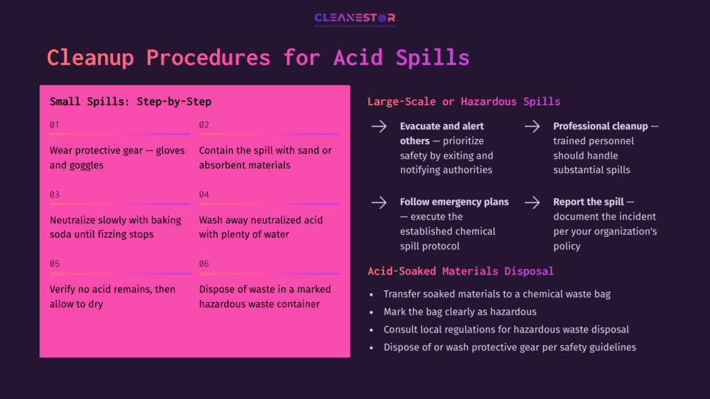 Flowchart Outlining Cleanup Procedures For Hydrochloric Acid Spills, Featuring Pink And Purple Sections, With Clear Steps For Small And Large Spills.