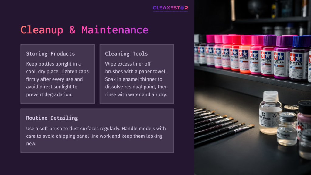 Guide On Tamiya Panel Line Cleaning, Featuring Colorful Paint Bottles On A Shelf, Cleaning Tools, And Maintenance Tips In A Modern Layout.