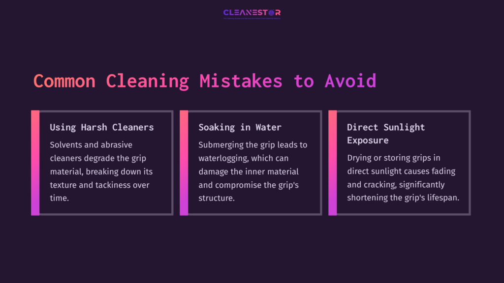 Four Colorful Boxes On A Dark Background Highlight Common Cleaning Mistakes For Super Stroke Putter Grips, With Bold Headings And Key Points.