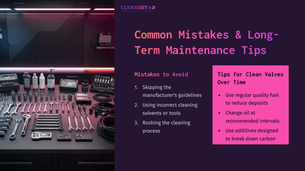 A Well-Organized Array Of Cleaning Tools And Solvents On A Surface, With Pink And Purple Lighting Highlighting Tips And Mistakes To Avoid.