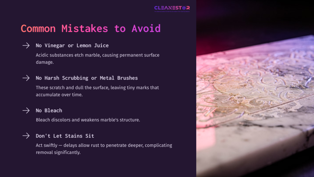 Graphic Listing Common Mistakes To Avoid When Cleaning Marble, Featuring A Marble Surface Background With Pink And Purple Accents.