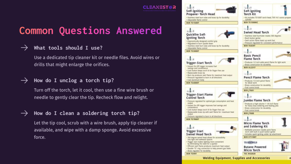 Instructional Graphic Featuring A List Of Faqs About Cleaning Propane Torch Tips, With Illustrations And Text In Black And White On A Purple Background.