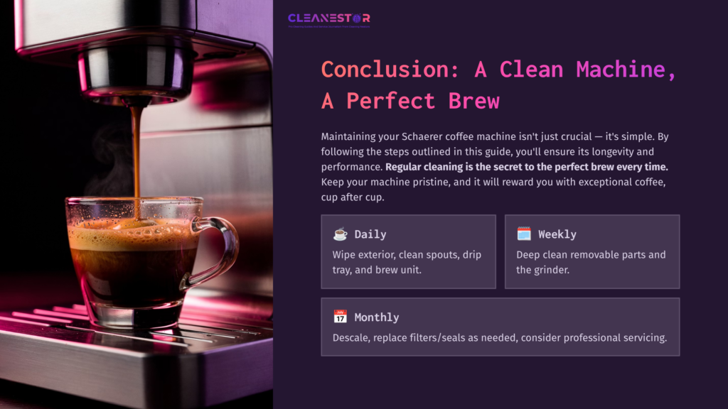 Close-Up Of A Schaerer Coffee Machine Brewing Espresso, With Dark Coffee Filling A Cup, Set Against A Purple Background With Maintenance Tips.