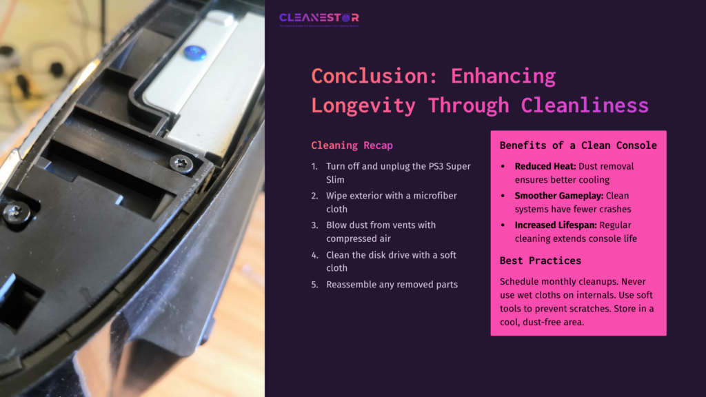Close-Up Of A Ps3 Super Slim Console, Showing Its Vents And Disc Drive, Alongside Cleaning Tips And Recommendations For Maintenance.