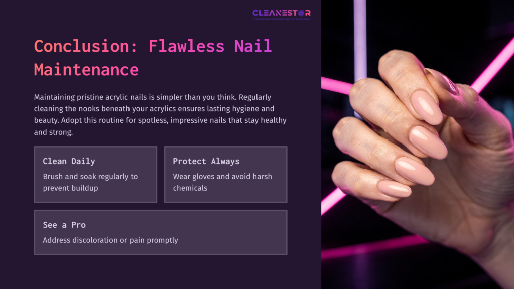 8 Conclusion Flawless Nail Maintenance A Well-Manicured Hand With Light Pink Acrylic Nails Holds A Pamphlet On Nail Maintenance, Featuring Tips In A Bold Layout Against A Dark Background.