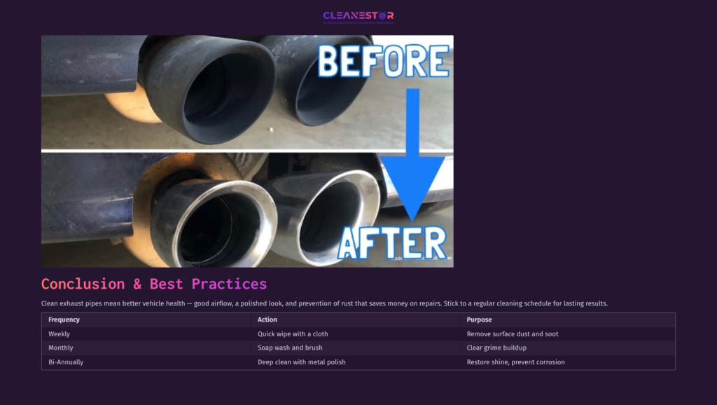 Close-Up Of Black Exhaust Pipes Showing A 'Before' Label With A Dirty Surface And An 'After' Label With A Polished Finish.