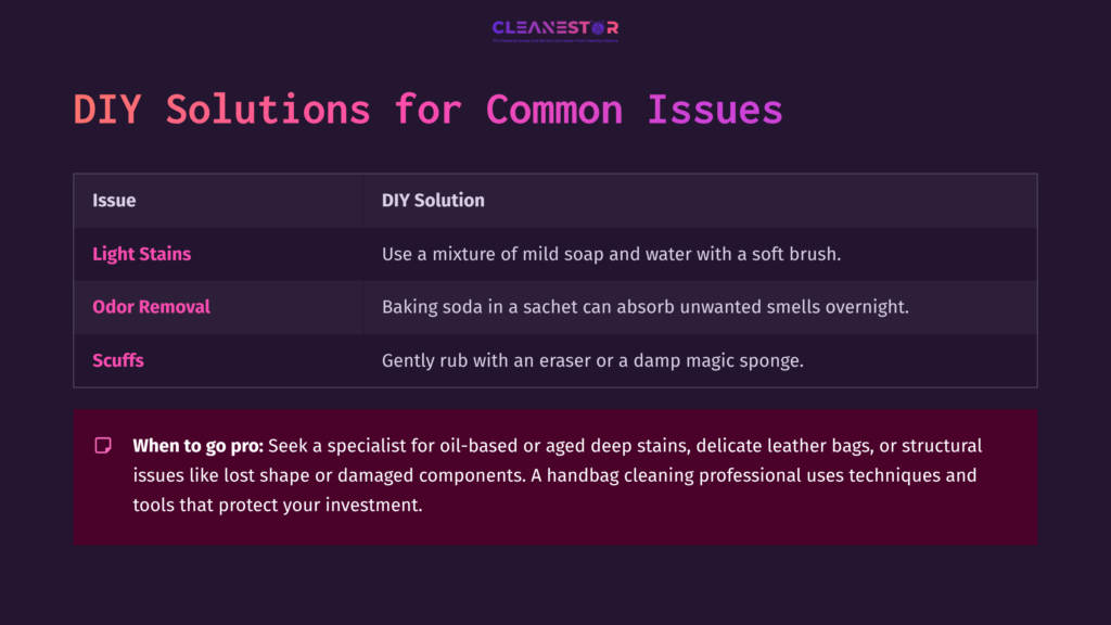 8 Diy Solutions For Common Issues Text Chart Titled &Quot;Diy Solutions For Common Issues,&Quot; Featuring Solutions For Cleaning Bags, With A Purple And Dark Background.