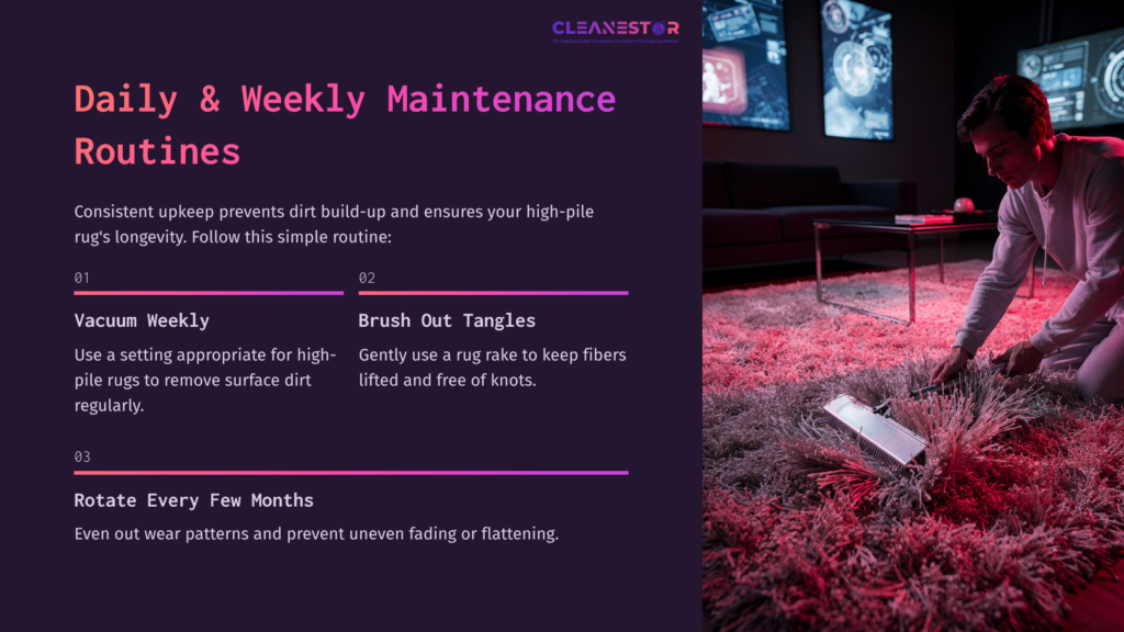 Person Vacuuming A High-Pile Rug In A Dim Room With Colorful Lights, Highlighting Cleaning Tips And Maintenance Routines.
