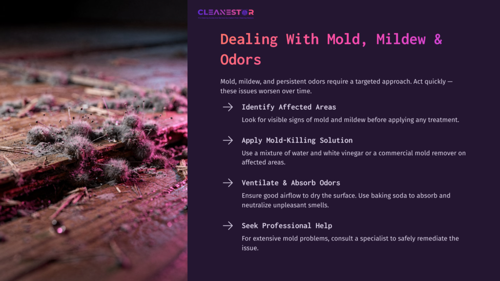 Moldy, Damp Subfloor With Pink And Purple Hues, Alongside Text Outlining Steps To Address Mold And Odors In Affected Areas.
