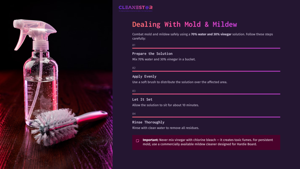 A Spray Bottle Filled With A Cleaning Solution Beside A Scrubbing Brush On A Dark Background, With Cleaning Steps Listed On The Side.