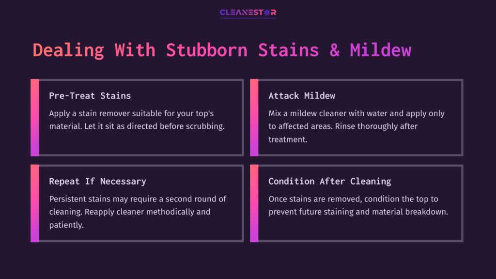 8 Dealing With Stubborn Stains And Mildew Infographic Outlining Steps To Clean A Convertible Top Mustang, Featuring A Purple And Black Color Scheme With Four Well-Defined Sections.