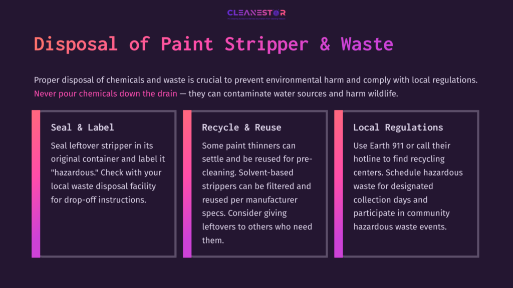 Graphic Outlining Paint Stripper Disposal Guidelines: Three Sections Highlighted In Pink And Purple With Advice On Sealing, Recycling, And Local Regulations.