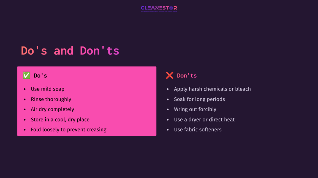 Bright Pink And White Text On A Dark Purple Background Lists Dos And Don'Ts For Cleaning Frogg Toggs, Featuring A Clear Layout With Checkmarks And Red Crosses.