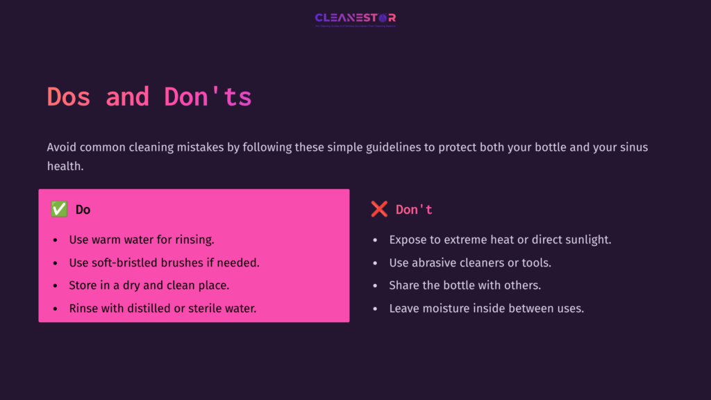 Guidelines For Cleaning A Neilmed Sinus Rinse Bottle, Featuring A Pink Box Of Dos And Don'Ts On A Dark Background.