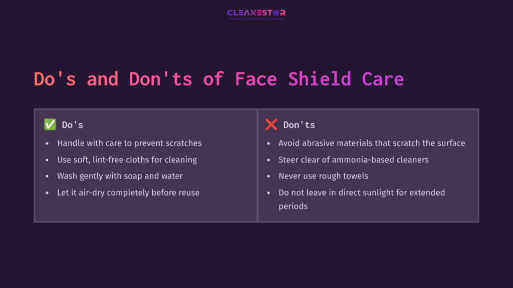Guide On Face Shield Care With &Quot;Dos&Quot; On The Left In Green And &Quot;Don'Ts&Quot; On The Right In Red, Set Against A Dark Purple Background.