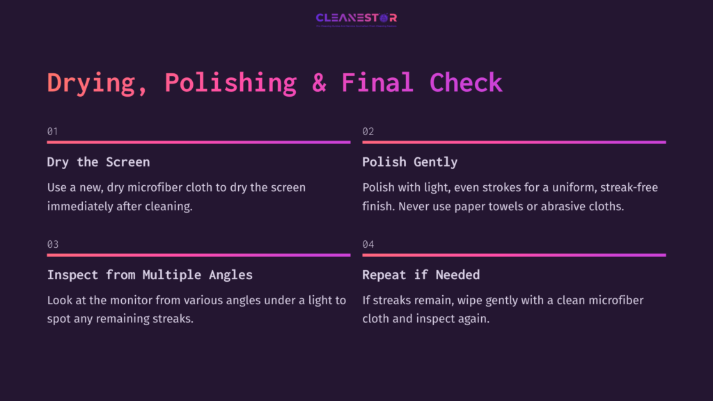 Step-By-Step Instructions On Cleaning A Matte Monitor, Featuring Numbered Sections With Purple And White Text On A Dark Background.