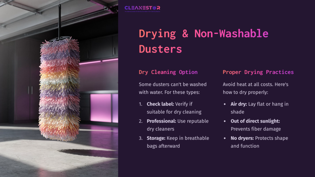 Colorful, Fluffy Car Duster Hanging Against A Gray Wall With Cleaning Tips Beside It In White Text On A Dark Gradient Background.