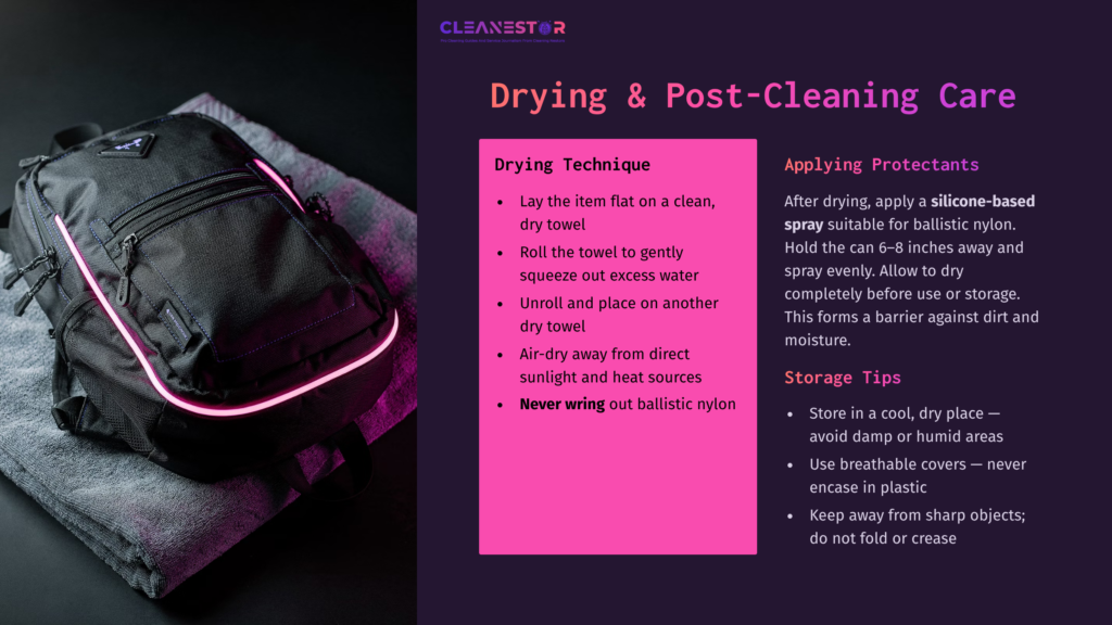 Black Ballistic Nylon Backpack On A Purple Background With Cleaning Tips Highlighted In White Text, Featuring A Pink Zipper And Details.