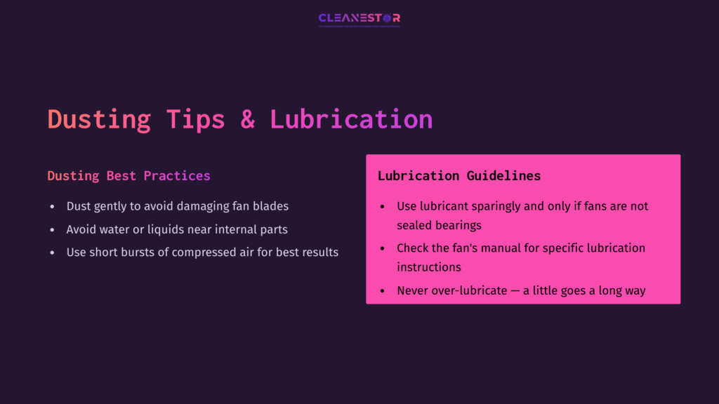 Text On A Dark Purple Background Highlights Dusting Tips And Lubrication Guidelines With A Bright Pink Box Emphasizing Key Instructions.