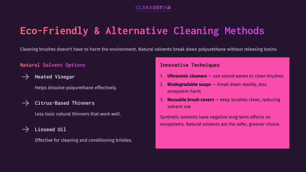 Infographic Detailing Eco-Friendly Brush Cleaning Methods With A Pink Box Highlighting Innovative Techniques And Natural Solvent Options.