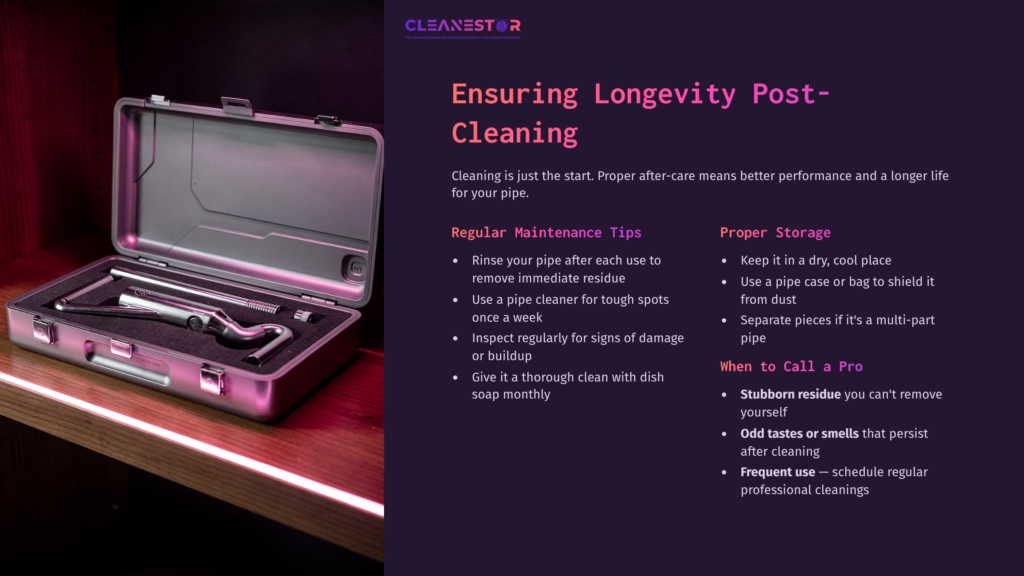 Metal Toolbox With A Hinge, Containing A Pipe Cleaner, And Text On Maintenance Tips In Purple And Pink Tones Against A Dark Background.