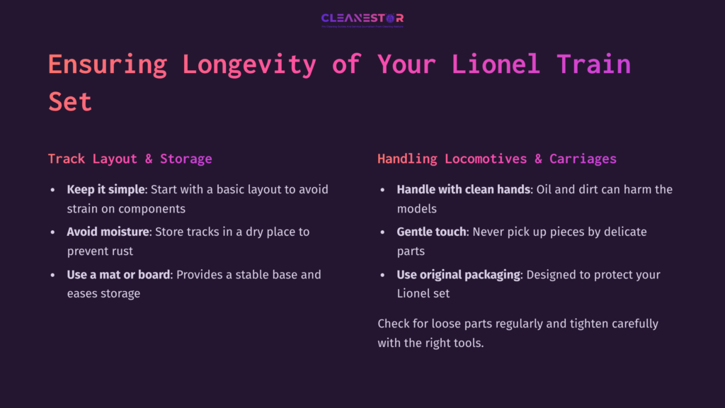 8 Ensuring Longevity Of Your Lionel Train Set Text On A Purple Background Outlines Tips For Cleaning Lionel Train Tracks; Includes Track Layout, Storage, And Handling Locomotives.
