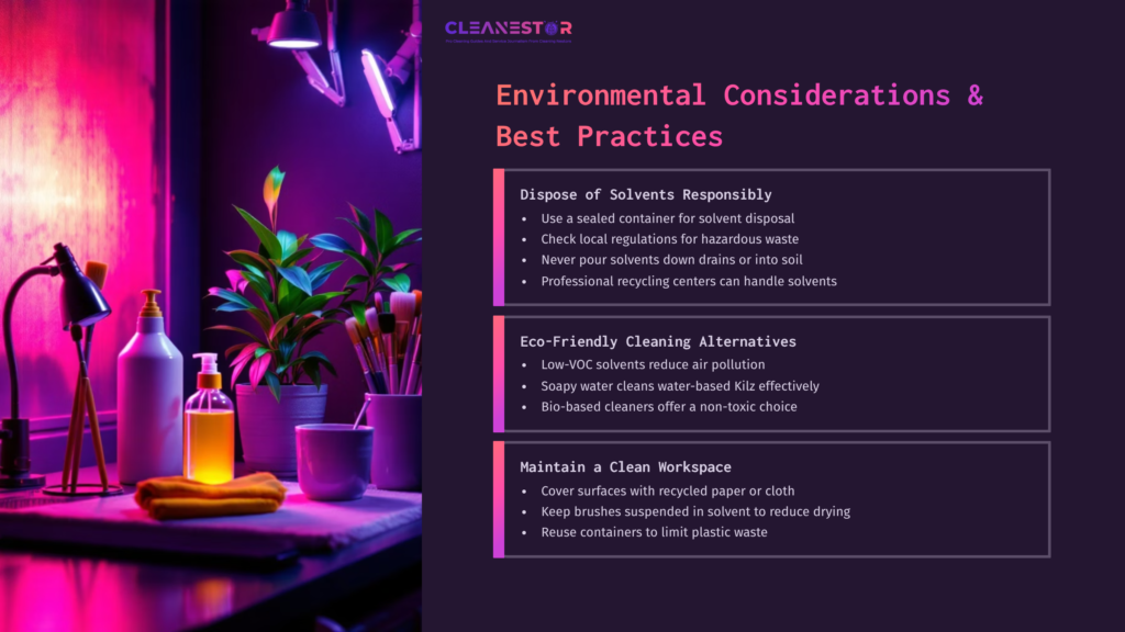 A Brightly Lit Workspace Features Potted Plants, Cleaning Supplies, And A Guide On Environmental Best Practices For Cleaning.