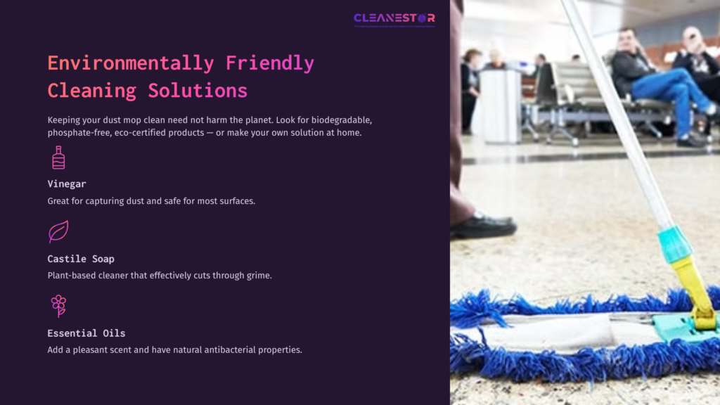 Dust Mop With Blue Fringes On A Light-Colored Floor, Surrounded By Cleaning Solution Bottles Labeled Vinegar, Castile Soap, And Essential Oils.