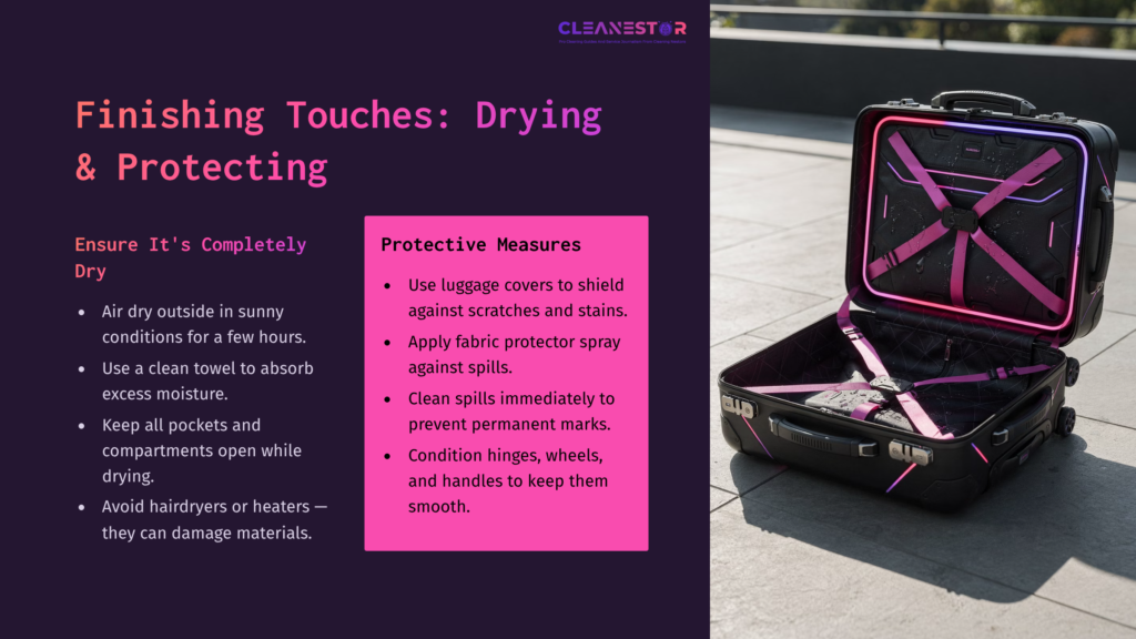 A Partially Open Black Samsonite Suitcase With Pink Straps, Set On A Patio. Text Beside It Outlines Drying And Protective Measures.