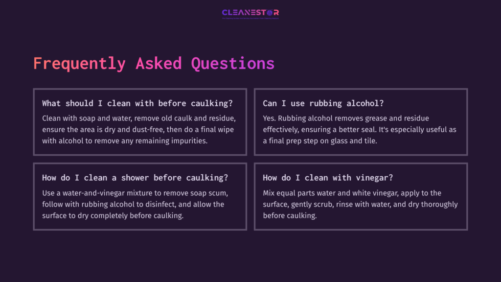 8 Frequently Asked Questions 1 Text-Based Faq Section Featuring Questions And Answers About Cleaning Before Caulking, Set Against A Purple Background.