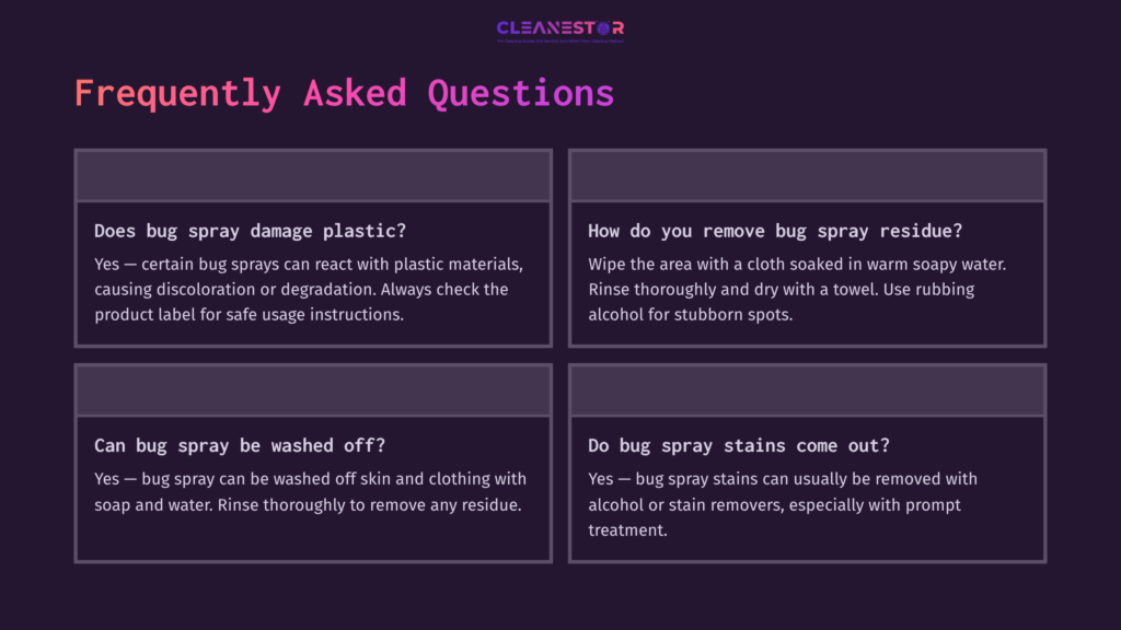 Four-Question Faq Layout On A Dark Purple Background, Featuring White Text. Each Question Relates To Cleaning Bug Spray Off Plastic.