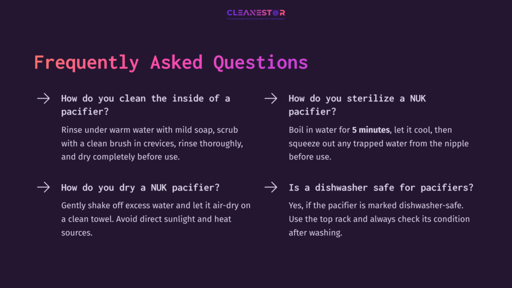 Text-Based Faq Layout Featuring White Font On A Purple Background. Questions On Cleaning, Drying, And Sterilizing A Nuk Pacifier.