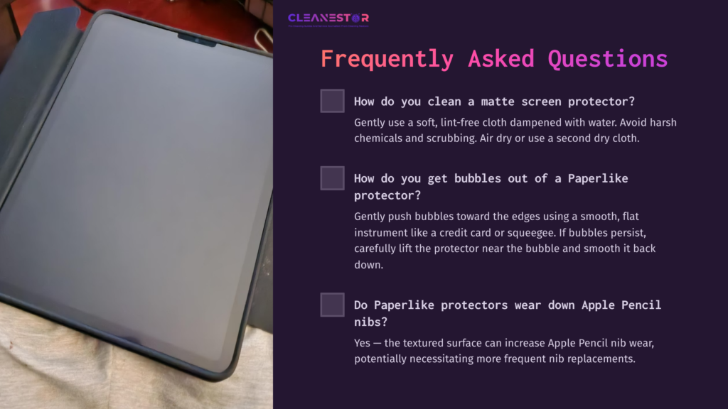 A Matte Screen Protector On A Tablet Beside A Soft, Lint-Free Cloth And A Cleaning Tool, Set Against A Clean, White Background.