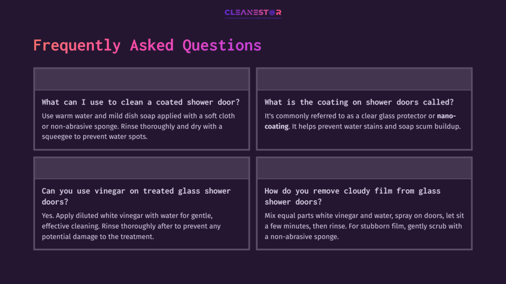 Four Faq Boxes On A Dark Background About Cleaning Coated Shower Doors, Featuring Questions On Cleaning Methods And Vinegar Usage.
