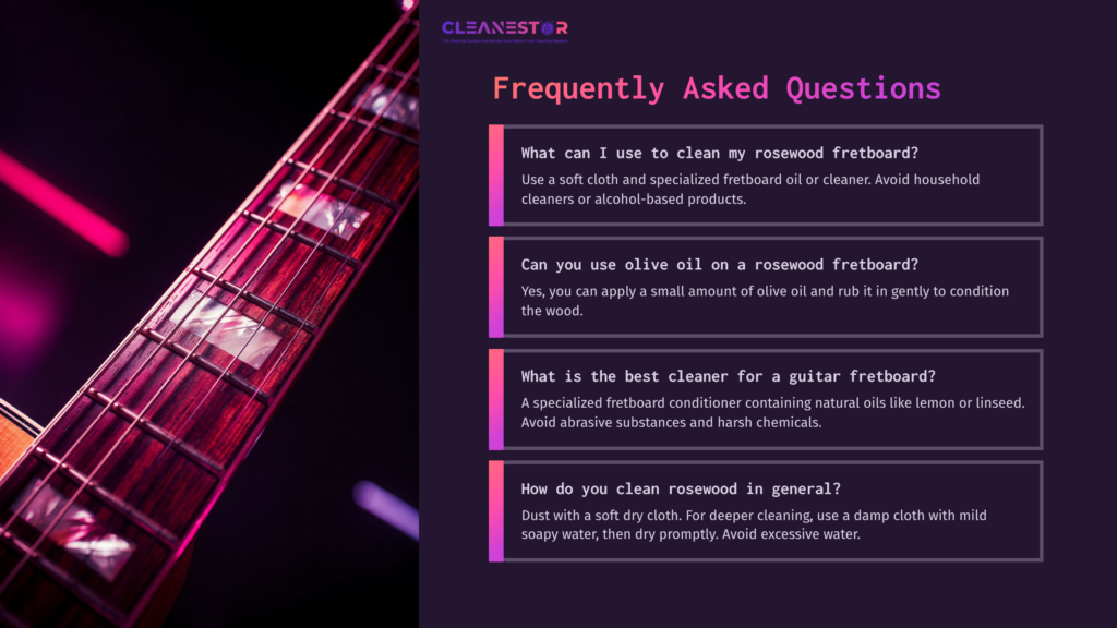 8 Frequently Asked Questions 17 Close-Up Of A Rosewood Fretboard With Vibrant Pink And Purple Lighting, Featuring Text Boxes With Cleaning Tips And Faqs.