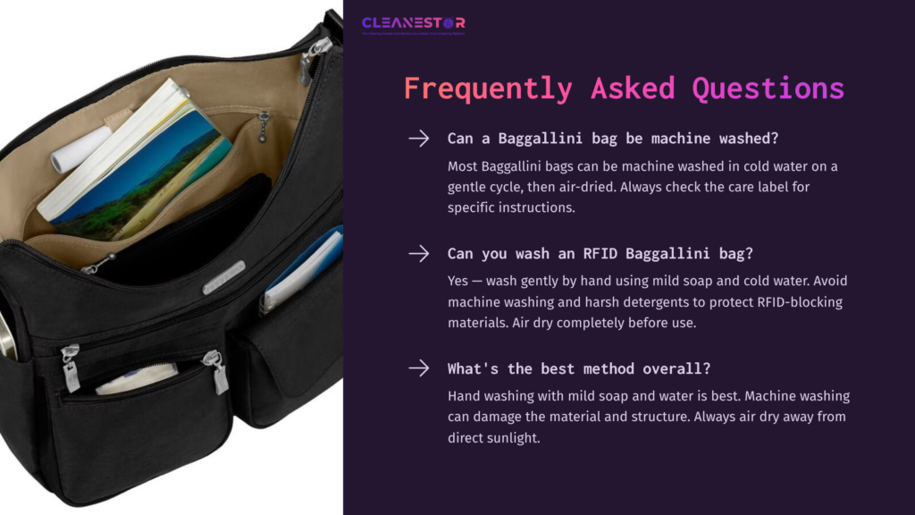 A Black Baggallini Purse With Colorful Contents Partially Visible, Set Against A Dark Background, With Text Outlining Cleaning Faqs.