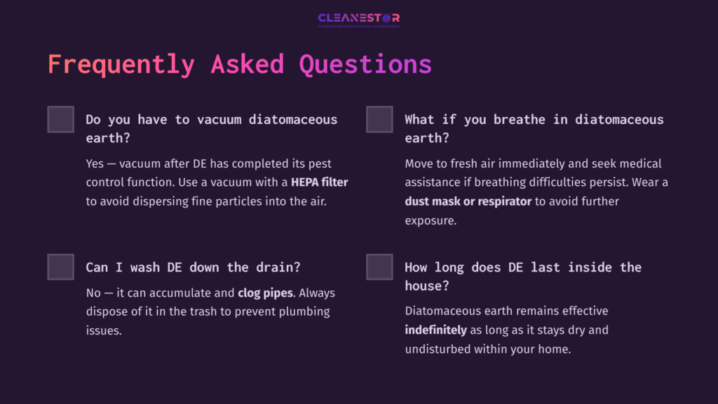 Text In A Monochromatic Layout With Purple Accents: Questions About Diatomaceous Earth, Focusing On Safety And Maintenance Tips.